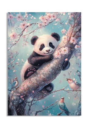 Illustration of a panda bear sitting on a cherry blossom branch with birds, as a premium aluminum metal print from GoMetalPrint.
