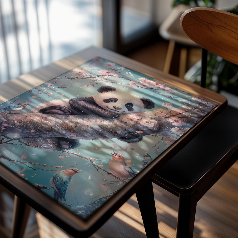 Illustration of a panda bear sitting on a cherry blossom branch with birds, as a premium aluminum metal print from GoMetalPrint.
