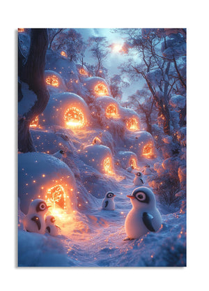 Fantasy scene with glowing snowmen and penguins in a snowy forest, as a premium aluminum metal print from GoMetalPrint.
