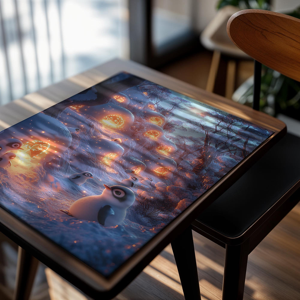 Fantasy scene with glowing snowmen and penguins in a snowy forest, as a premium aluminum metal print from GoMetalPrint.
