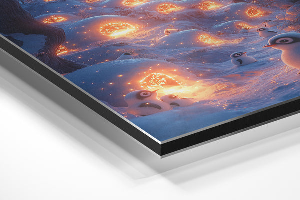 Penguins in Snowy Village