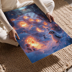 Penguins in Snowy Village