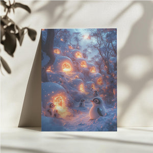 Penguins in Snowy Village