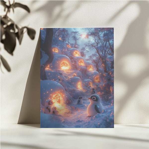 Penguins in Snowy Village