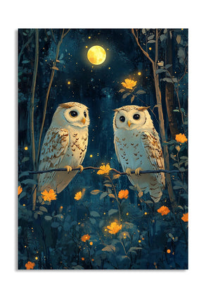 Two owls perched on a branch with a night sky and moon in the background, as a premium aluminum metal print from GoMetalPrint.
