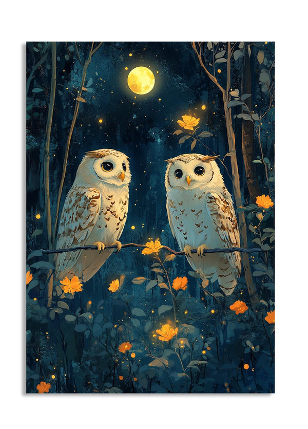 Two owls perched on a branch with a night sky and moon in the background, as a premium aluminum metal print from GoMetalPrint.
