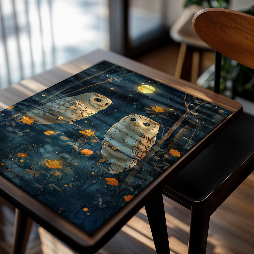 Two owls perched on a branch with a night sky and moon in the background, as a premium aluminum metal print from GoMetalPrint.
