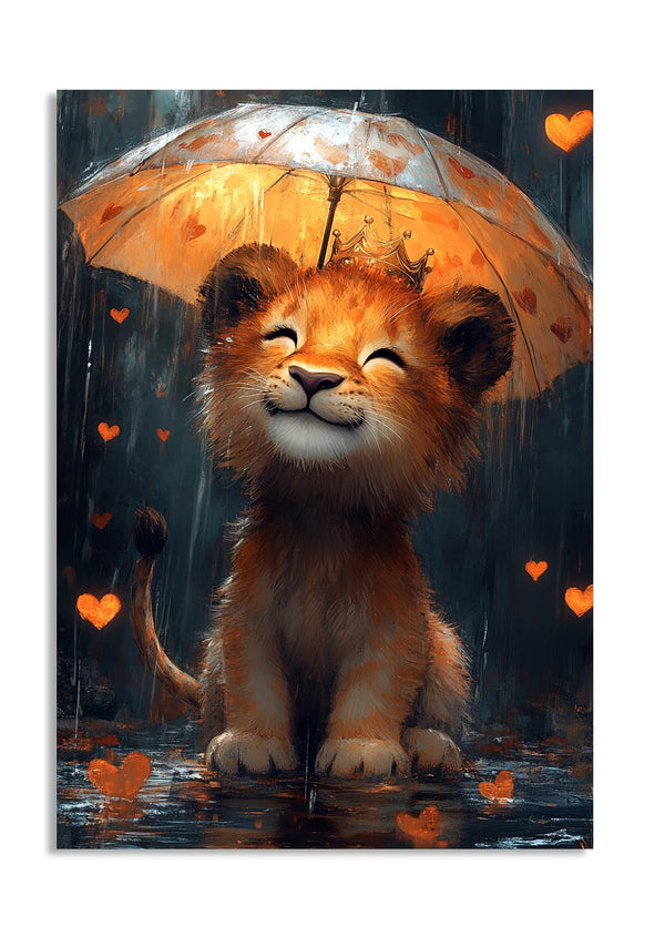 Illustration of a lion cub holding an umbrella with hearts in the background, as a premium aluminum metal print from GoMetalPrint.
