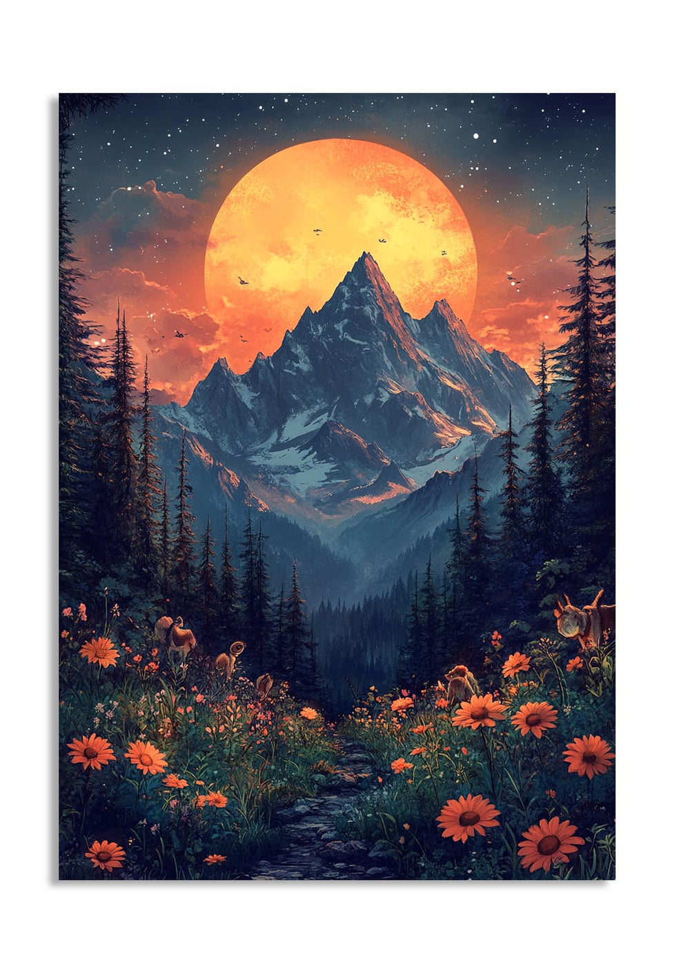Mountain landscape with a large orange moon and flowers in the foreground, as a premium aluminum metal print from GoMetalPrint.

