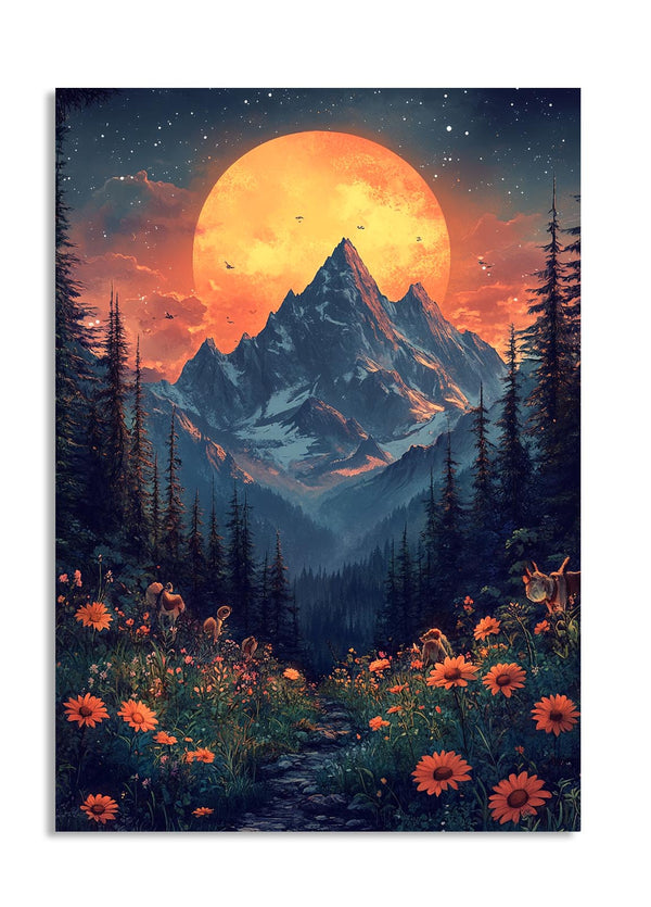 Mountain landscape with a large orange moon and flowers in the foreground, as a premium aluminum metal print from GoMetalPrint.
