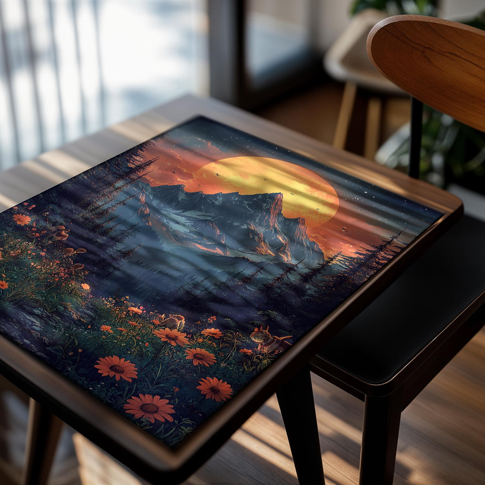 Mountain landscape with a large orange moon and flowers in the foreground, as a premium aluminum metal print from GoMetalPrint.

