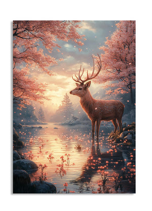 Deer standing by a lake with cherry blossom trees in a fantasy forest, as a premium aluminum metal print from GoMetalPrint.
