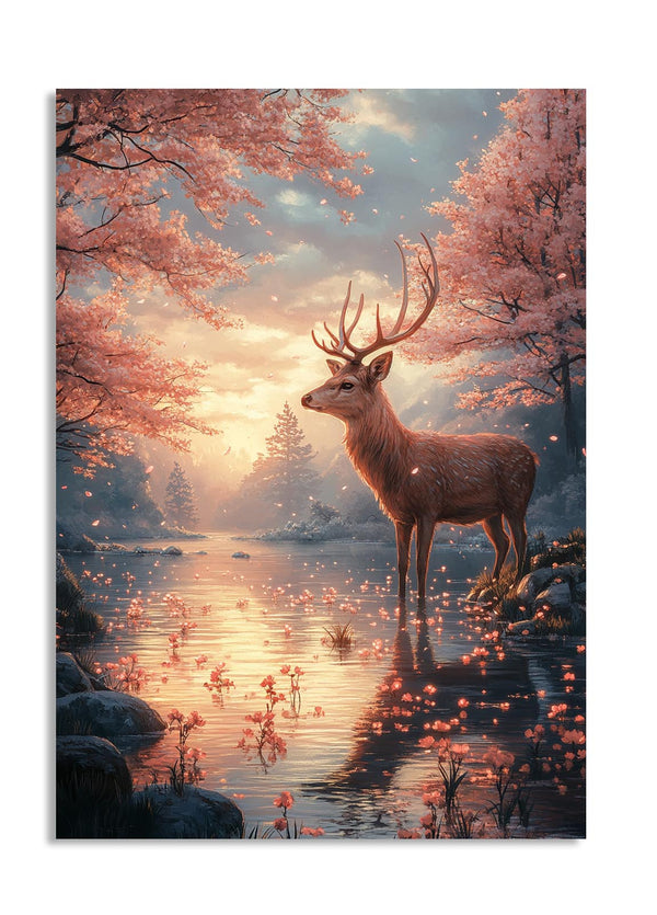 Deer standing by a lake with cherry blossom trees in a fantasy forest, as a premium aluminum metal print from GoMetalPrint.
