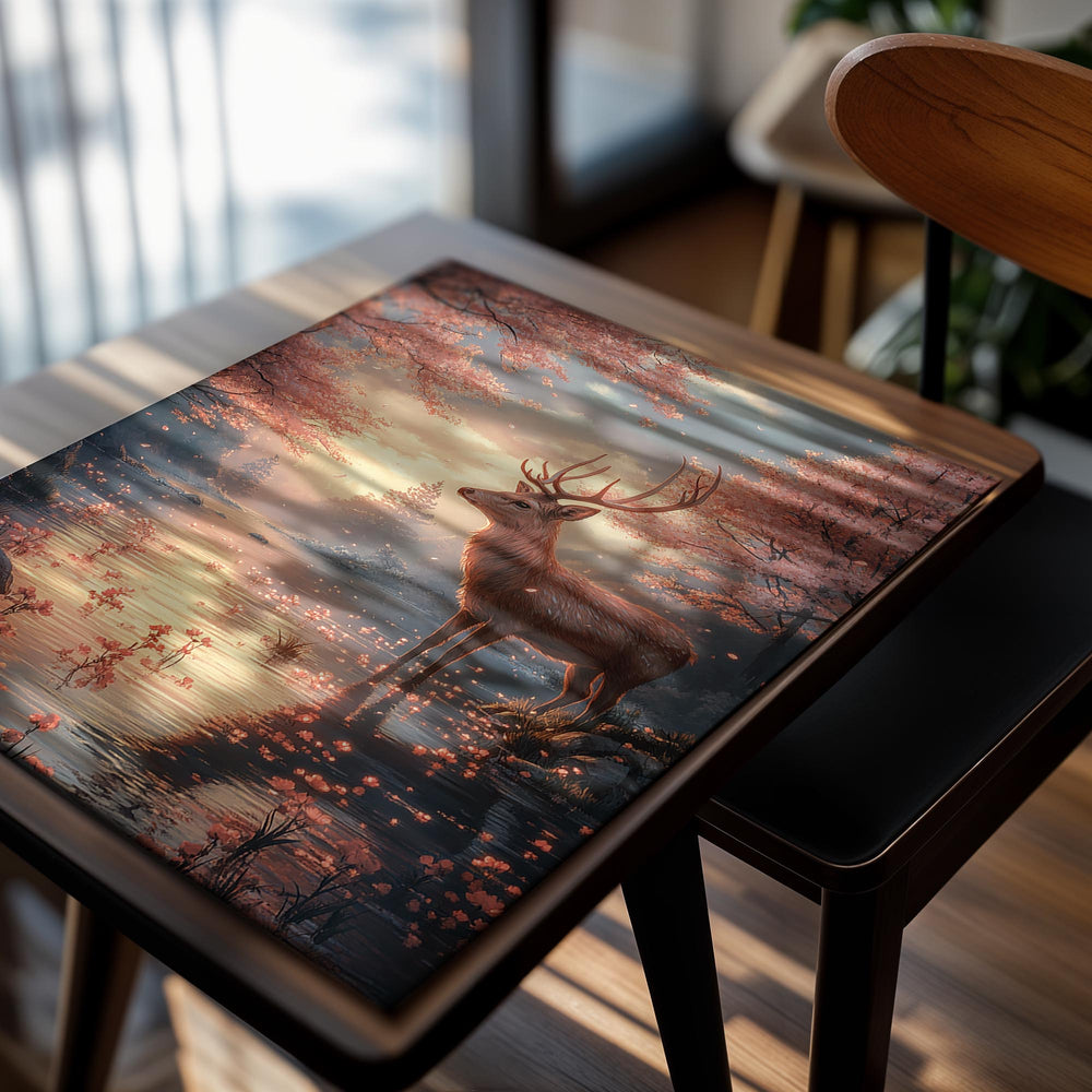 Deer standing by a lake with cherry blossom trees in a fantasy forest, as a premium aluminum metal print from GoMetalPrint.
