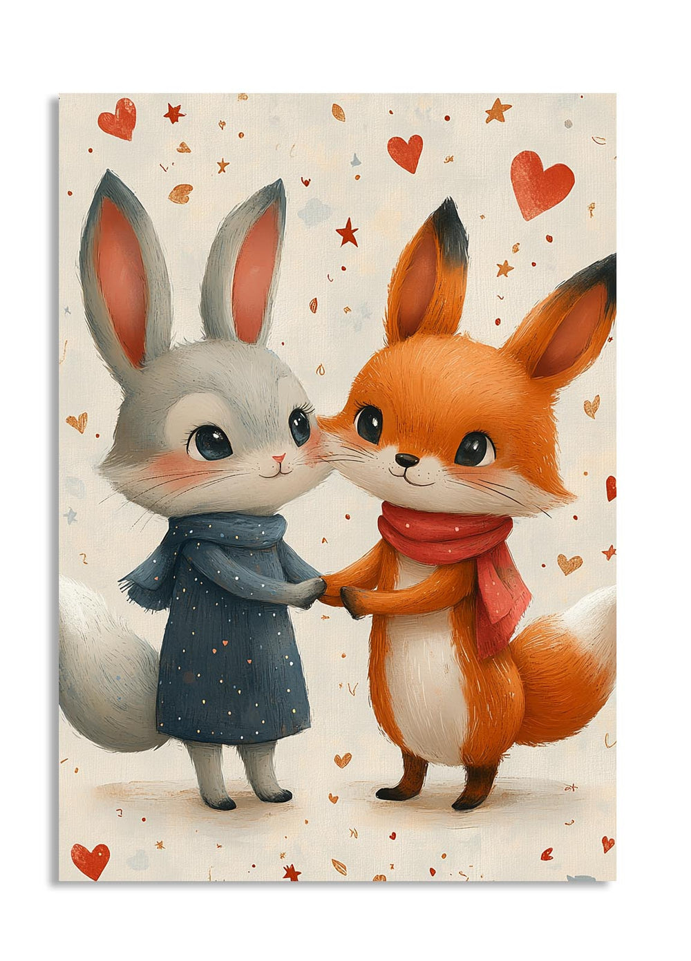 Illustration of a rabbit and a fox holding hands with hearts and stars around them , as a premium aluminum metal print from GoMetalPrint.
