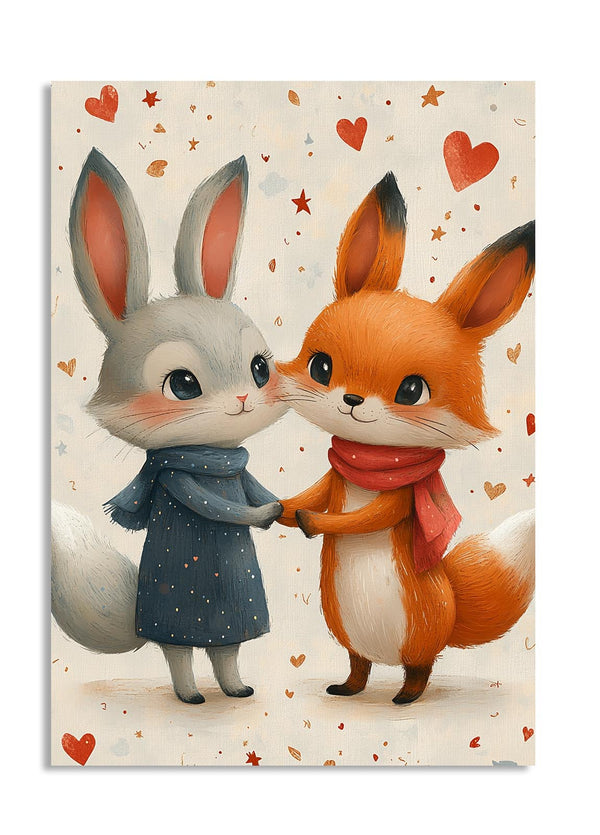 Illustration of a rabbit and a fox holding hands with hearts and stars around them , as a premium aluminum metal print from GoMetalPrint.
