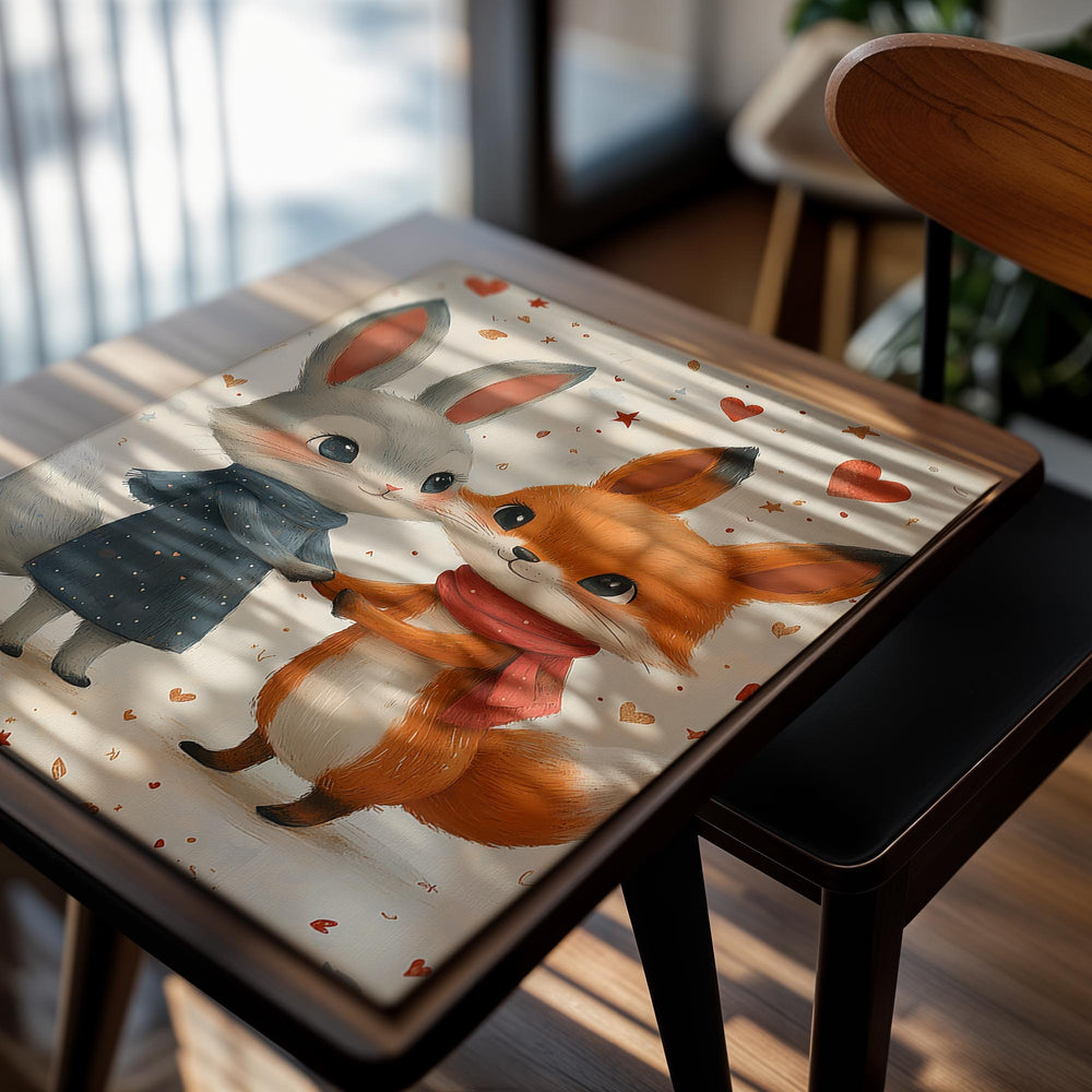 Illustration of a rabbit and a fox holding hands with hearts and stars around them , as a premium aluminum metal print from GoMetalPrint.
