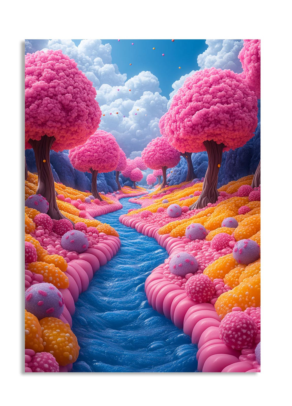 Fantasy landscape with pink trees and colorful ground, featuring a blue river, as a premium aluminum metal print from GoMetalPrint.

