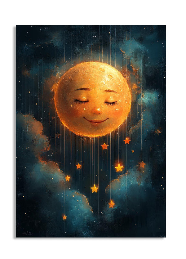 Illustration of a smiling moon with stars in a cosmic background, as a premium aluminum metal print from GoMetalPrint.
