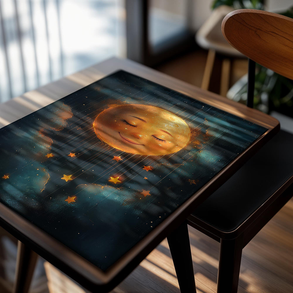 Illustration of a smiling moon with stars in a cosmic background, as a premium aluminum metal print from GoMetalPrint.
