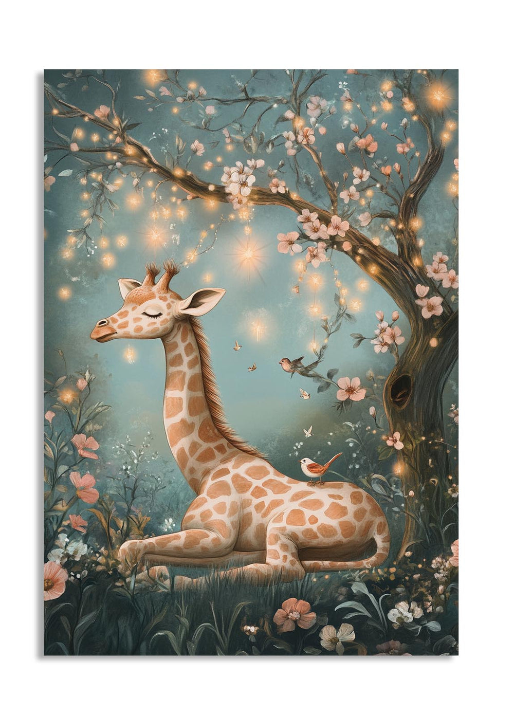 Giraffe under a cherry blossom tree with a magical glow, as a premium aluminum metal print from GoMetalPrint.
