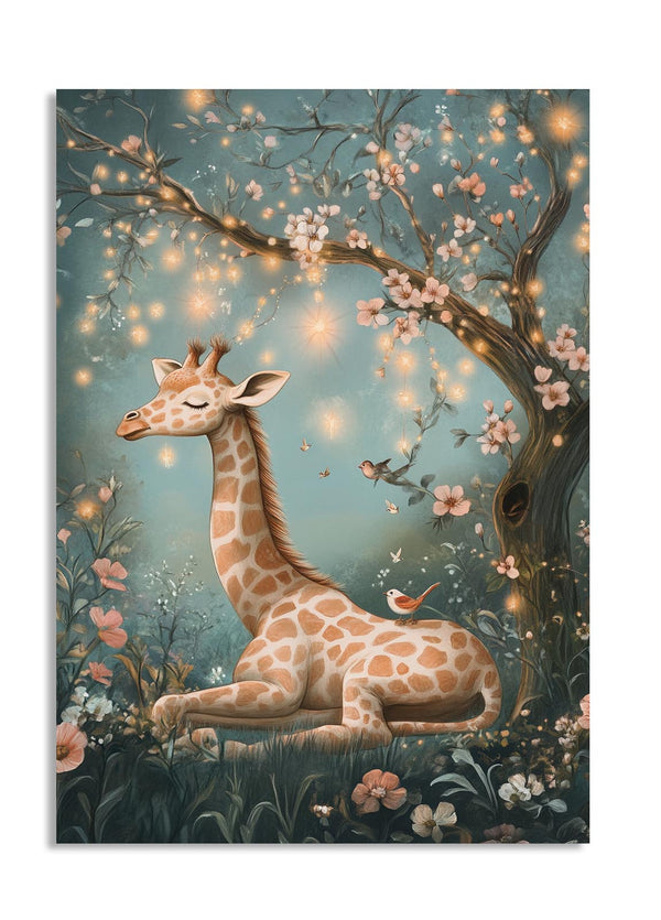 Giraffe under a cherry blossom tree with a magical glow, as a premium aluminum metal print from GoMetalPrint.
