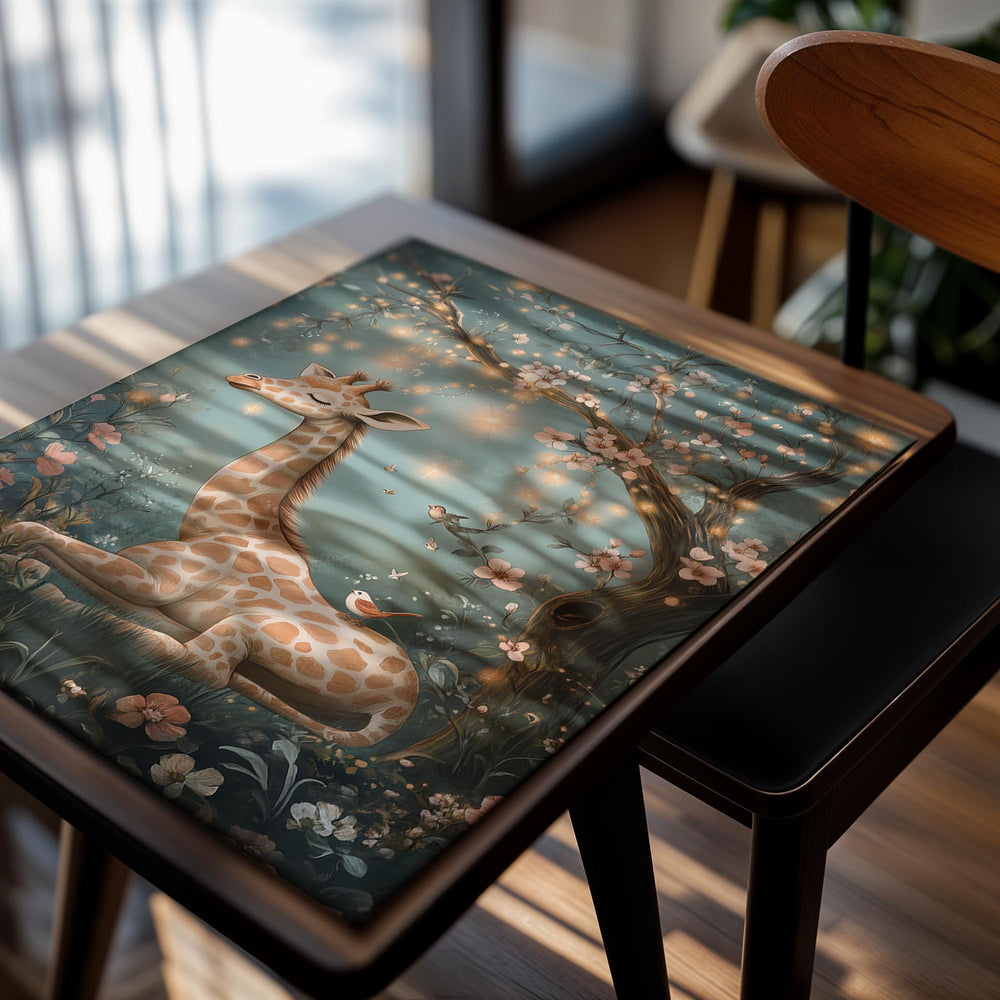 Giraffe under a cherry blossom tree with a magical glow, as a premium aluminum metal print from GoMetalPrint.
