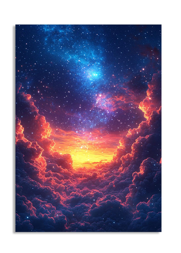 Cosmic scene with a bright center and colorful nebulae, as a premium aluminum metal print from GoMetalPrint.
