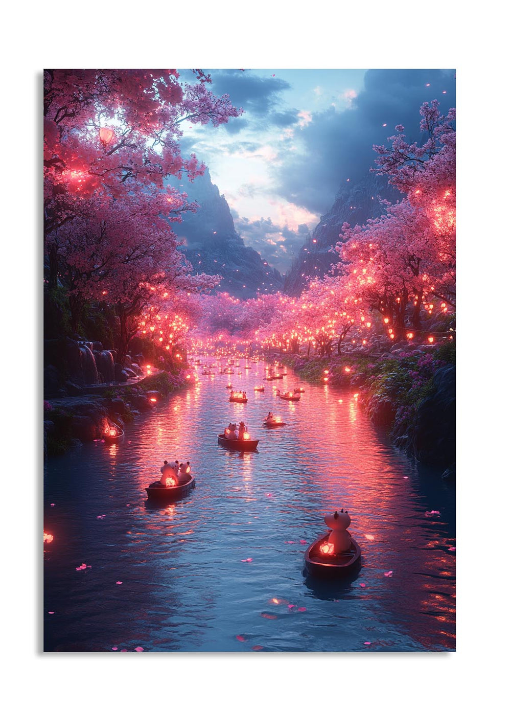 Fantasy scene with cherry blossom trees, lanterns on water, and mountains in the background, as a premium aluminum metal print from GoMetalPrint.
