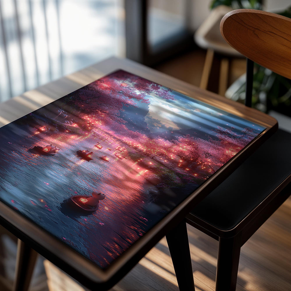 Fantasy scene with cherry blossom trees, lanterns on water, and mountains in the background, as a premium aluminum metal print from GoMetalPrint.
