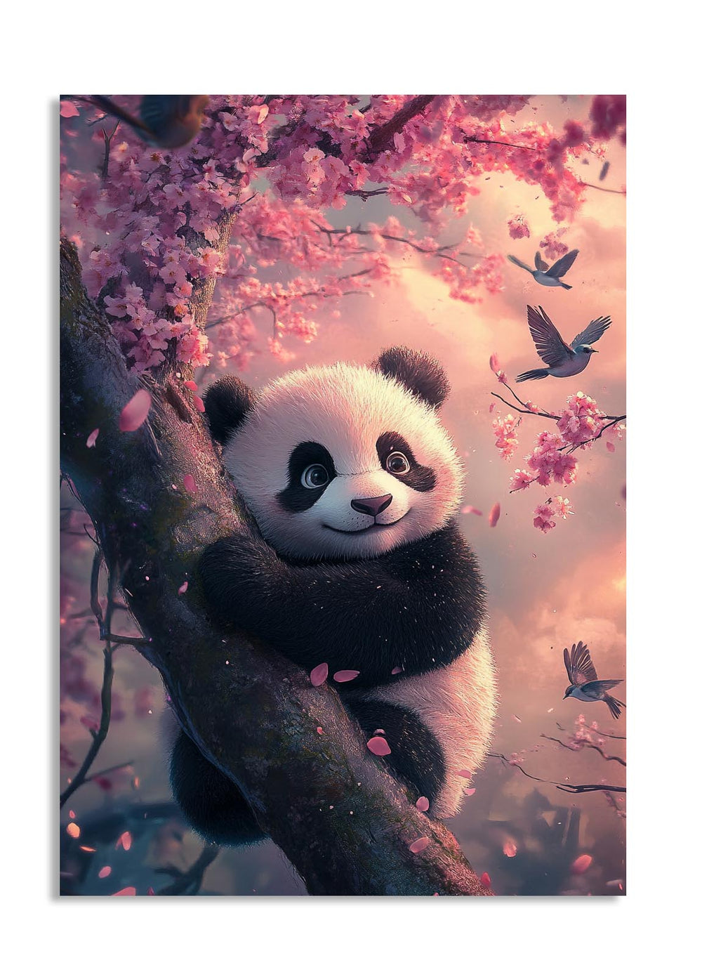 Panda bear in a cherry blossom tree with birds flying around, as a premium aluminum metal print from GoMetalPrint.
