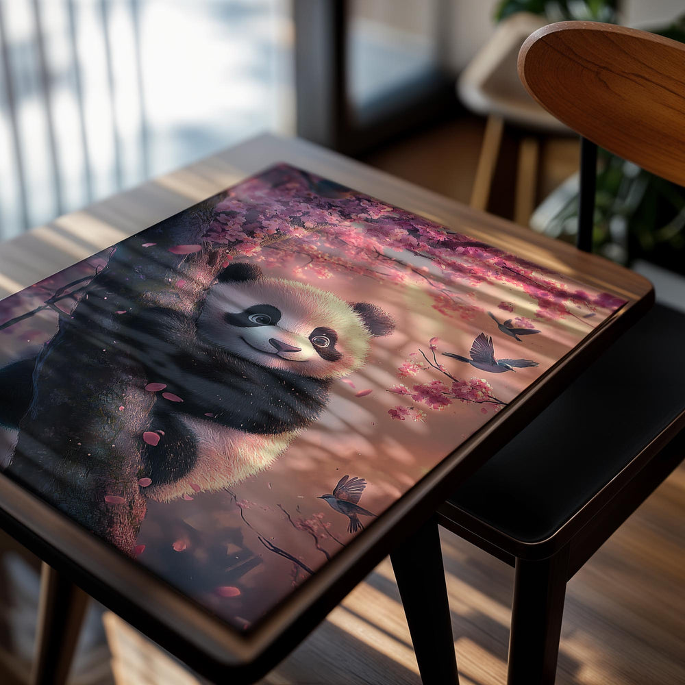Panda bear in a cherry blossom tree with birds flying around, as a premium aluminum metal print from GoMetalPrint.
