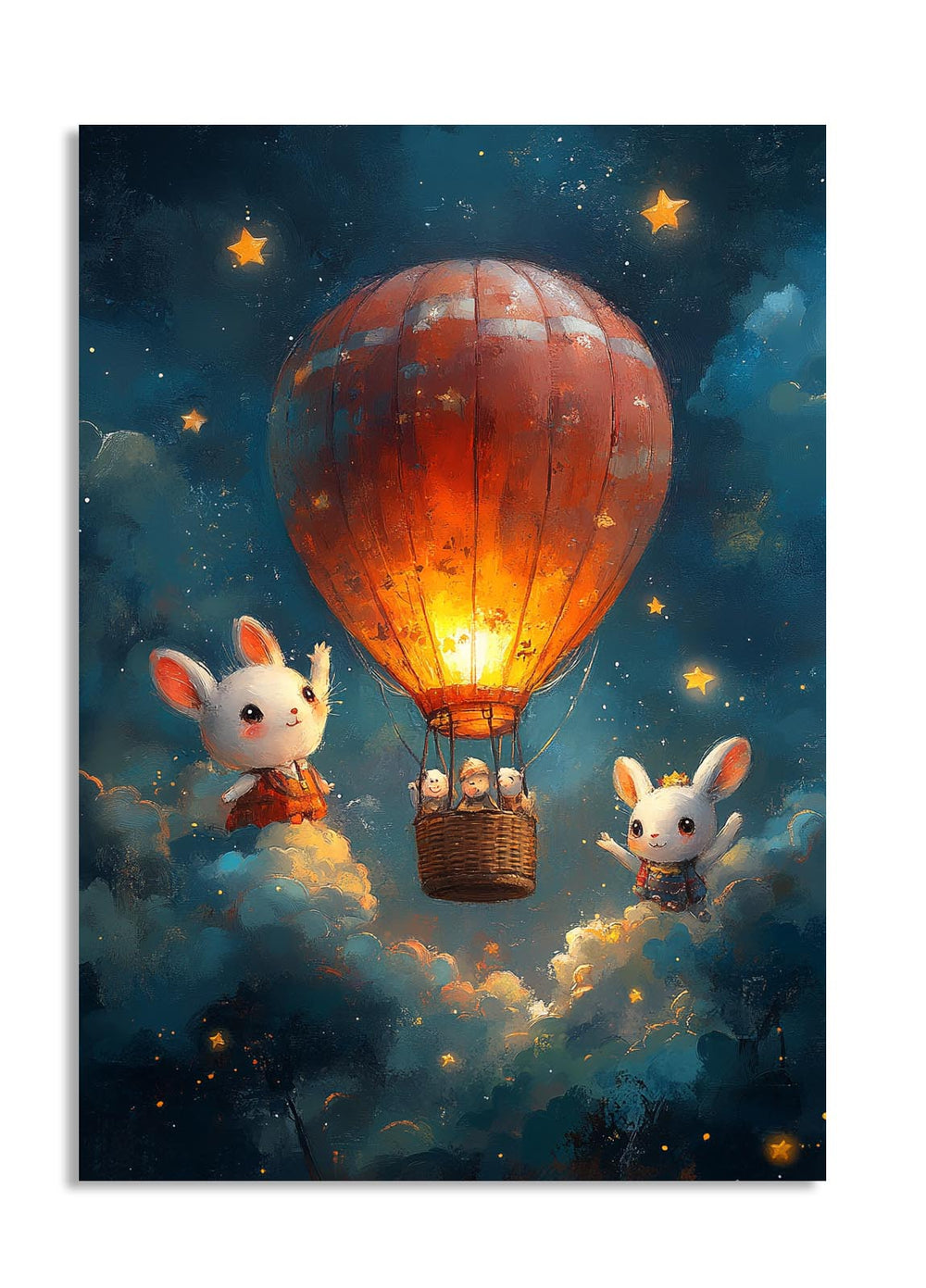 Illustration of a hot air balloon with cartoon characters against a starry night sky, as a premium aluminum metal print from GoMetalPrint.
