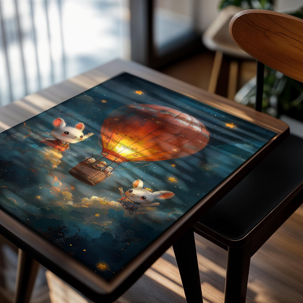 Illustration of a hot air balloon with cartoon characters against a starry night sky, as a premium aluminum metal print from GoMetalPrint.
