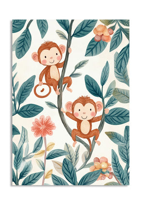 Two monkeys on a branch with leaves and flowers in the background, as a premium aluminum metal print from GoMetalPrint.
