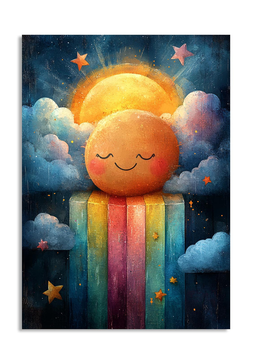 Illustration of a smiling sun character with a rainbow striped base against a starry night sky, as a premium aluminum metal print from GoMetalPrint.
