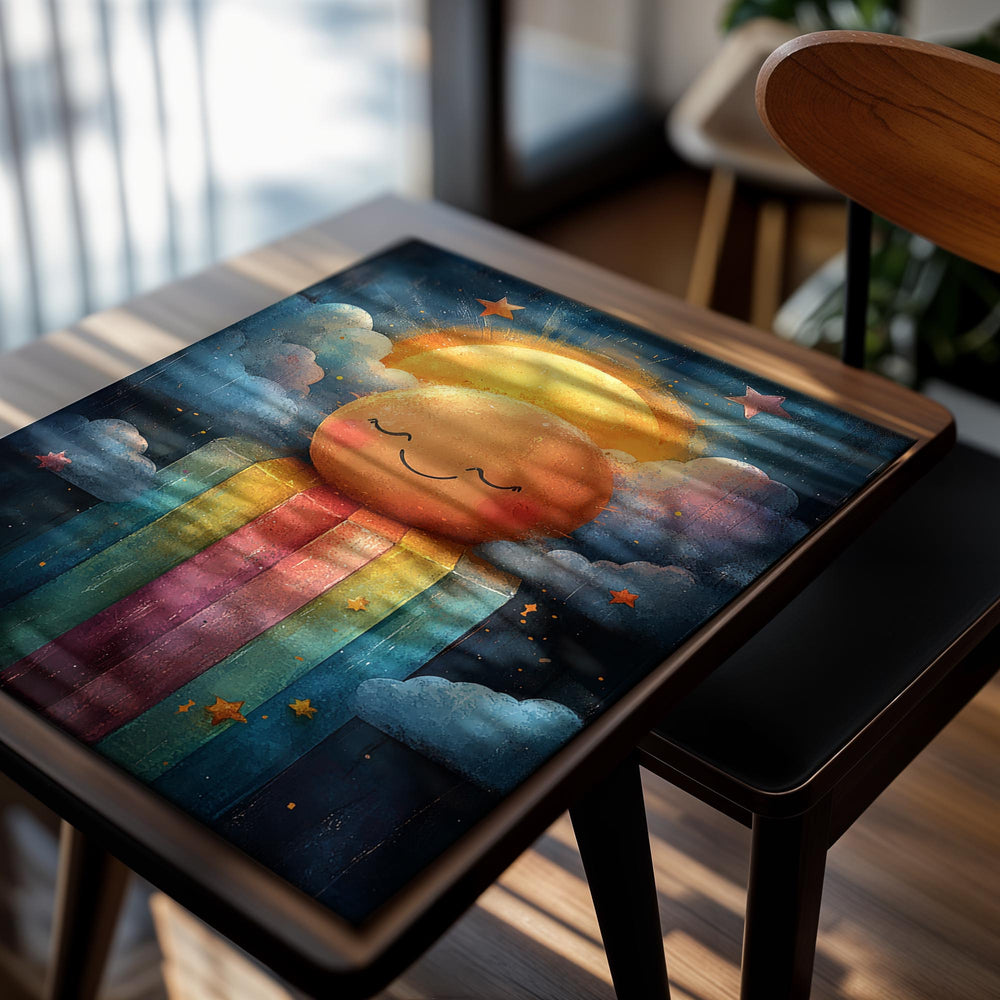 Illustration of a smiling sun character with a rainbow striped base against a starry night sky, as a premium aluminum metal print from GoMetalPrint.
