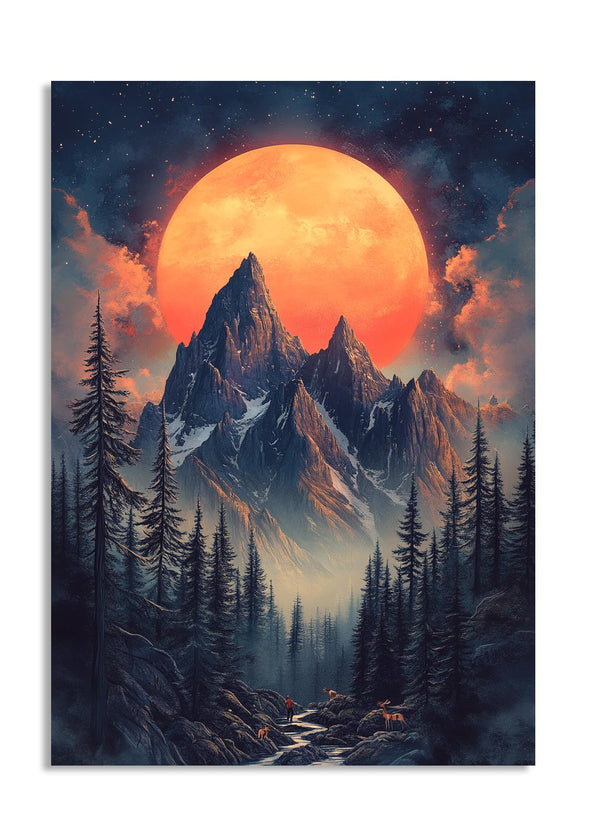 Mountain landscape with a large orange moon in a starry sky, as a premium aluminum metal print from GoMetalPrint.
