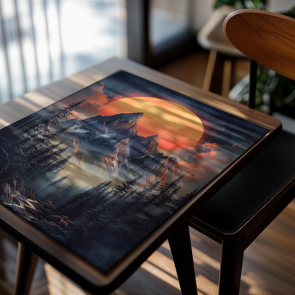 Mountain landscape with a large orange moon in a starry sky, as a premium aluminum metal print from GoMetalPrint.
