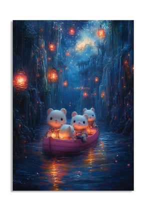 Illustration of cartoon characters in a boat with lanterns in a mystical forest setting, as a premium aluminum metal print from GoMetalPrint.
