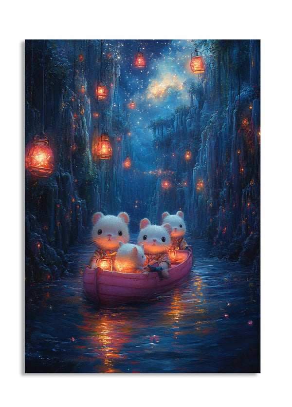 Illustration of cartoon characters in a boat with lanterns in a mystical forest setting, as a premium aluminum metal print from GoMetalPrint.

