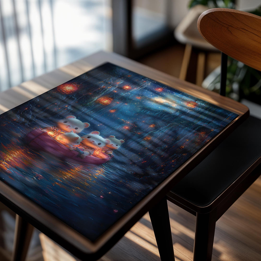 Illustration of cartoon characters in a boat with lanterns in a mystical forest setting, as a premium aluminum metal print from GoMetalPrint.
