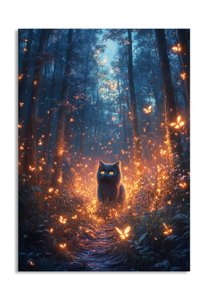 Cat in a forest with glowing orange lights, as a premium aluminum metal print from GoMetalPrint.
