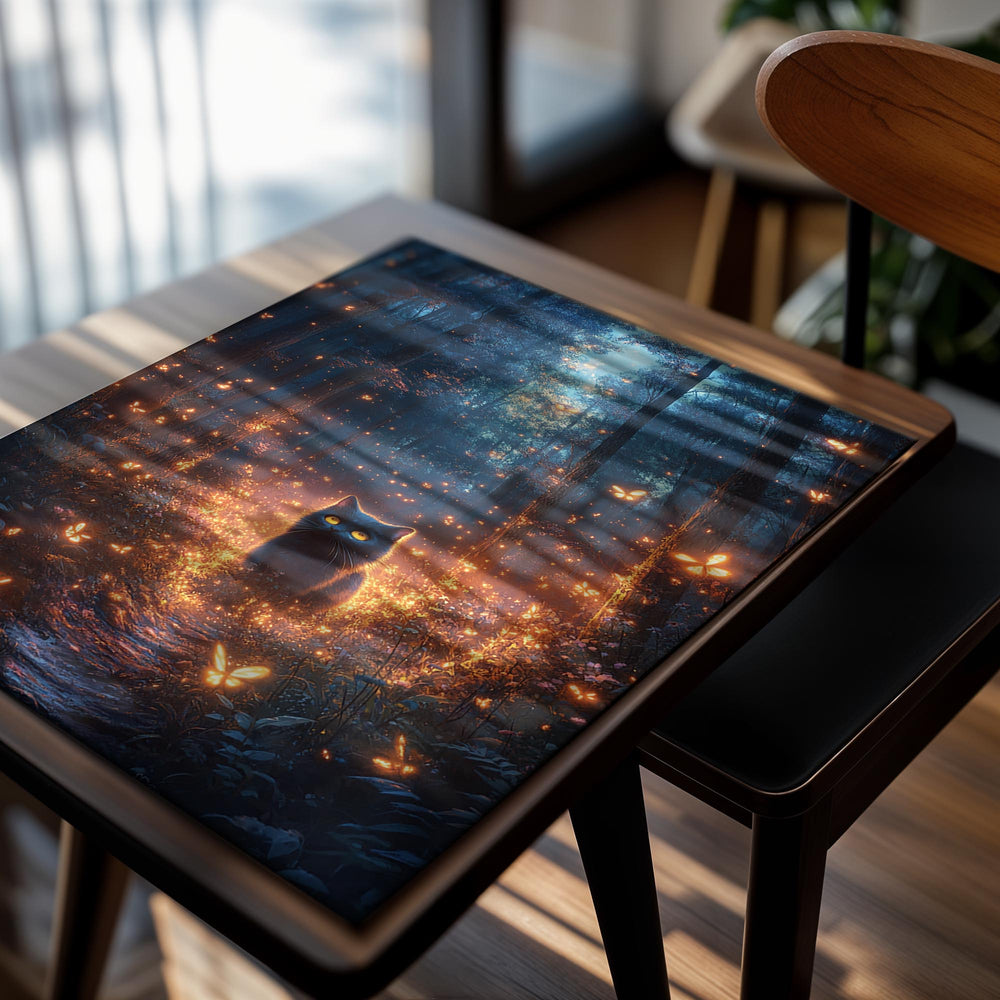 Cat in a forest with glowing orange lights, as a premium aluminum metal print from GoMetalPrint.
