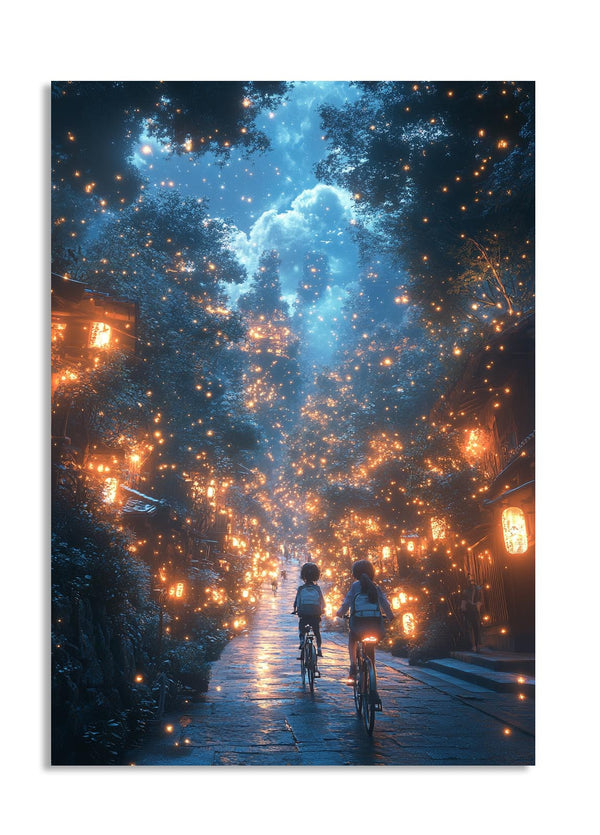 Two people riding bicycles down a street lined with lights at night, as a premium aluminum metal print from GoMetalPrint.
