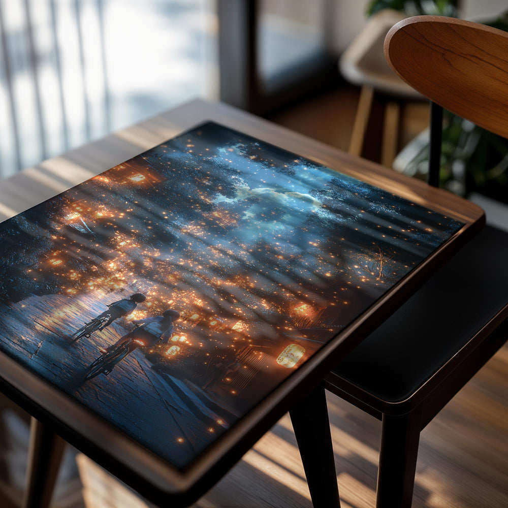 Two people riding bicycles down a street lined with lights at night, as a premium aluminum metal print from GoMetalPrint.
