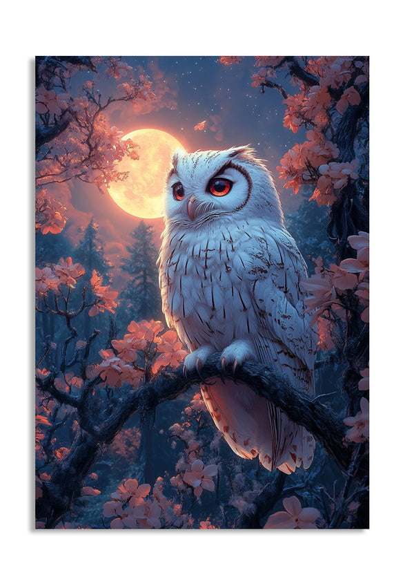 White owl perched on a branch with a full moon and cherry blossoms in the background, as a premium aluminum metal print from GoMetalPrint.
