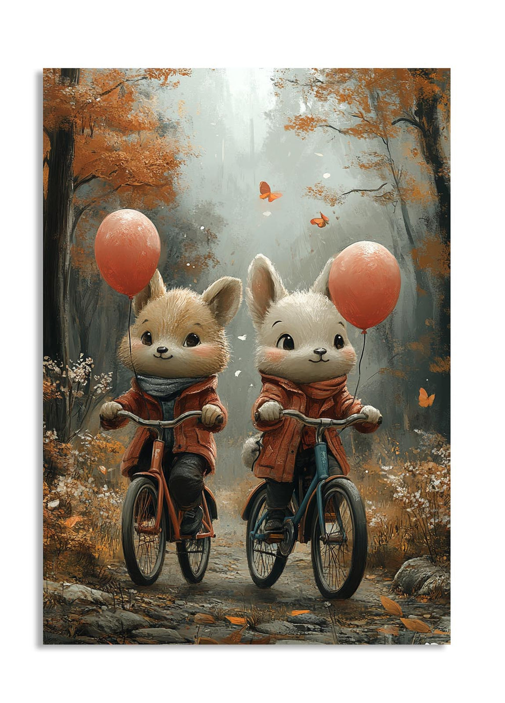 Two cartoon animals riding bicycles with balloons in a forest setting, as a premium aluminum metal print from GoMetalPrint.
