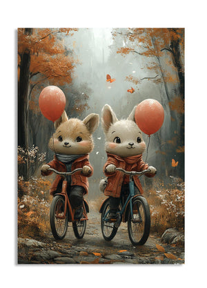 Two cartoon animals riding bicycles with balloons in a forest setting, as a premium aluminum metal print from GoMetalPrint.
