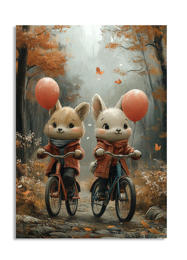 Two cartoon animals riding bicycles with balloons in a forest setting, as a premium aluminum metal print from GoMetalPrint.
